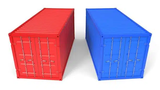 Front view of red and blue freight containers used in international shipping