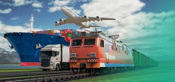 Freight train, cargo ship, truck, and airplane showcasing full logistics network for shipping from China to Cameroon