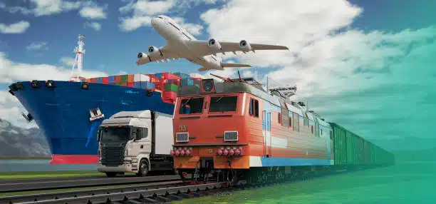 Freight train, cargo ship, truck, and airplane showcasing full logistics network for shipping from China to Cameroon