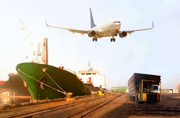 Shipping vessel, airplane, and truck showing international cargo transport from China to the United Kingdom