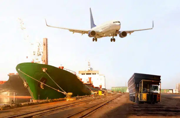 Shipping vessel, airplane, and truck showing international cargo transport from China to the United Kingdom