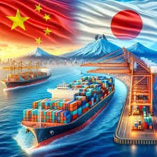 Artistic illustration of container ships navigating between China and Japan ports.