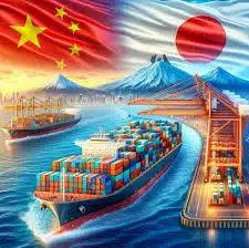 Artistic illustration of container ships navigating between China and Japan ports.