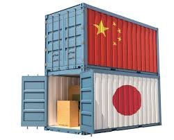 Cargo containers with China and Japan flags symbolizing international shipping between the two countries.