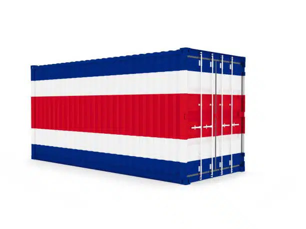 3D cargo container painted in Costa Rican flag colors on white background