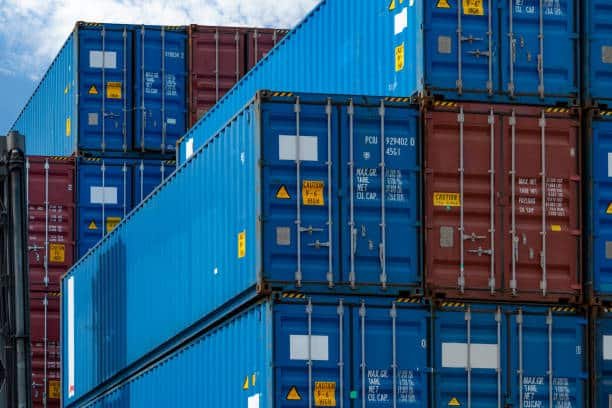 Stacked shipping containers prepared for export from China to Somalia