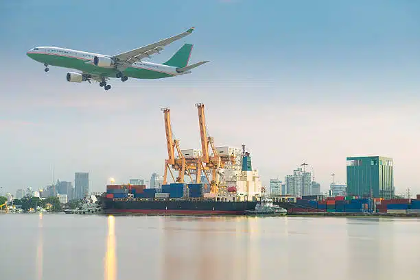 Large cargo ship and airplane illustrating shipping from China to Turkey by air and sea freight