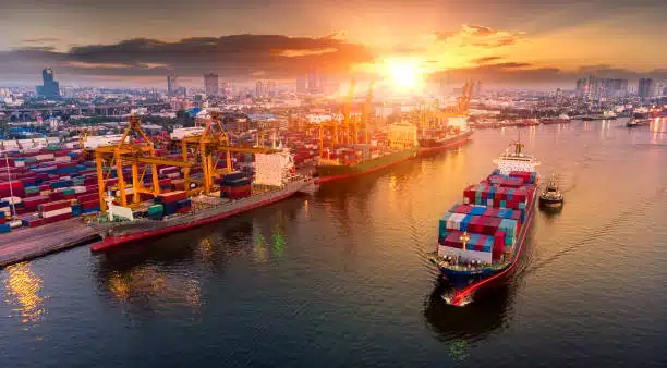 Cargo ships at a busy shipping port preparing for export from China to Somalia