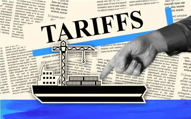 Illustration showing import tariffs with a hand pointing at a cargo ship and container crane