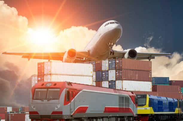 Freight train and aircraft departing above shipping containers for international logistics from China to the UK