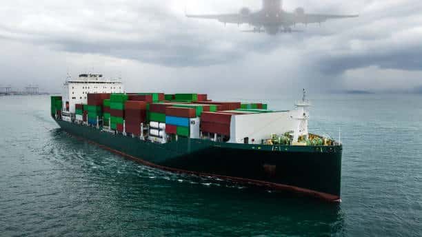 Container ship and airplane in cloudy weather, symbolizing reliable freight from China to Belgium.