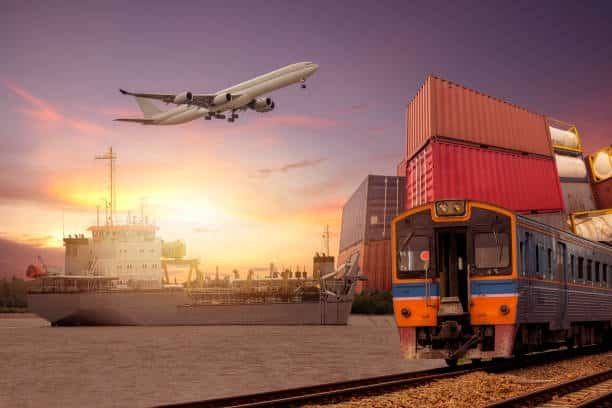 Train and airplane with container ship at sunset symbolizing international shipping from China to Cameroon