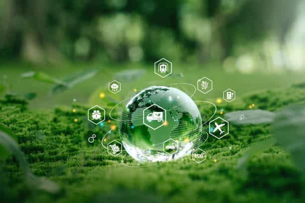 Sustainable global logistics network with eco-friendly shipping icons.