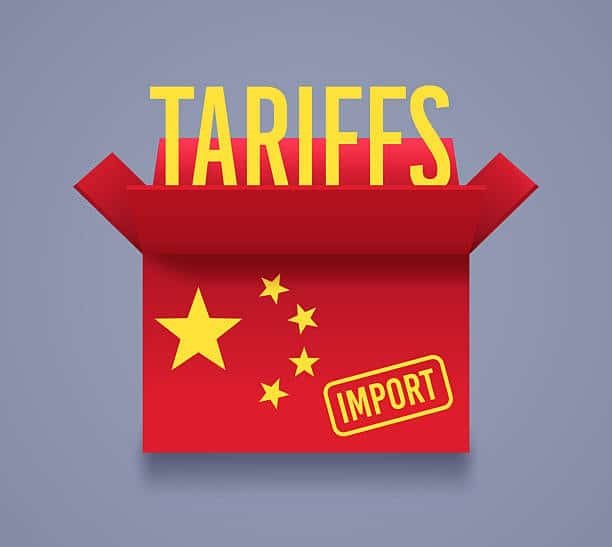 An illustration of an open red box featuring the word "TARIFFS" in yellow, a Chinese flag with stars, and an "IMPORT" stamp.