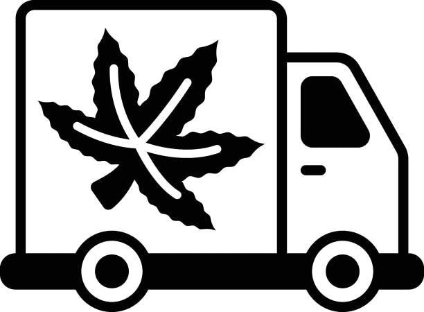 Black and white truck icon featuring cannabis leaf, metaphorical use of THC in transport