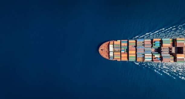 Top view of cargo ship sailing to Djibouti from China