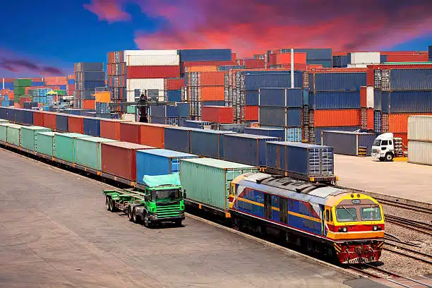 Intermodal freight transport with train and containers for shipping from China to Spain.