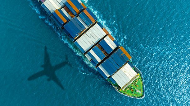 Sea port with cargo ship and airplane representing Turkey import-export logistics