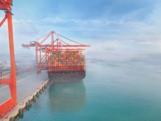 Massive shipping vessel unloading US-origin containers at a berth in Singapore