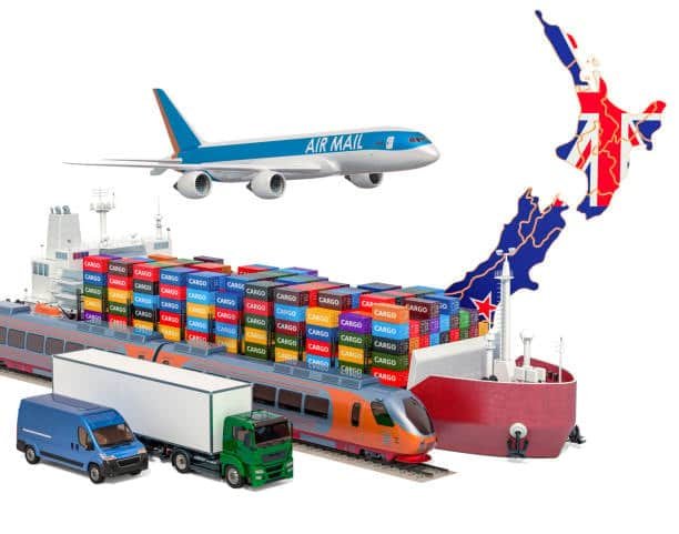 Airplane, ship, train, and delivery trucks with New Zealand map symbolizing multimodal shipping from the US