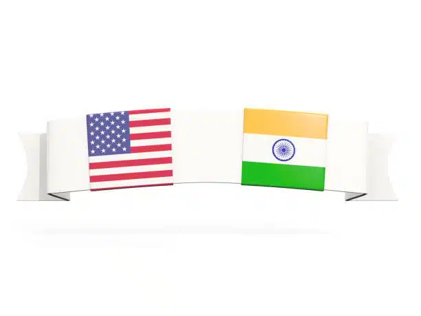  Curved ribbon with US and Indian flags symbolizing international courier relations