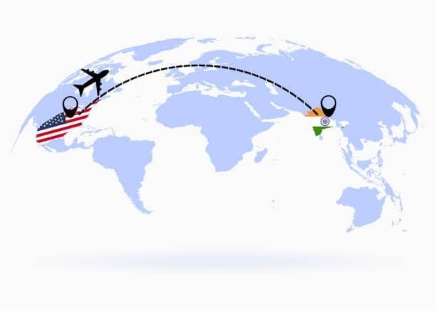 Courier plane flying across globe from USA to India with location pins