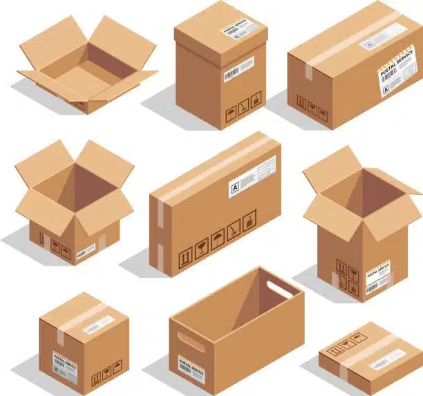 Isometric view of different box types and dimensions for standard flat shipping rate applications.