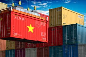 Vietnam-flagged shipping container being loaded at port for international transport.
