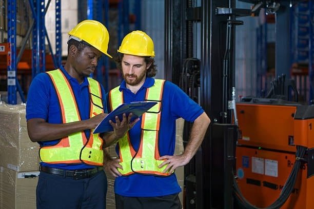 Customs officers reviewing shipping documentation in warehouse
