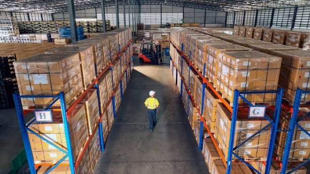 Worker inspecting inventory at a warehouse for Romania-bound shipments