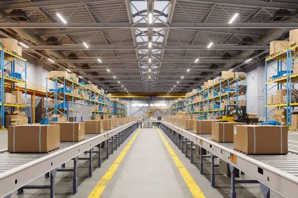 Modern warehouse with green packages on automated conveyor belts ready for shipment