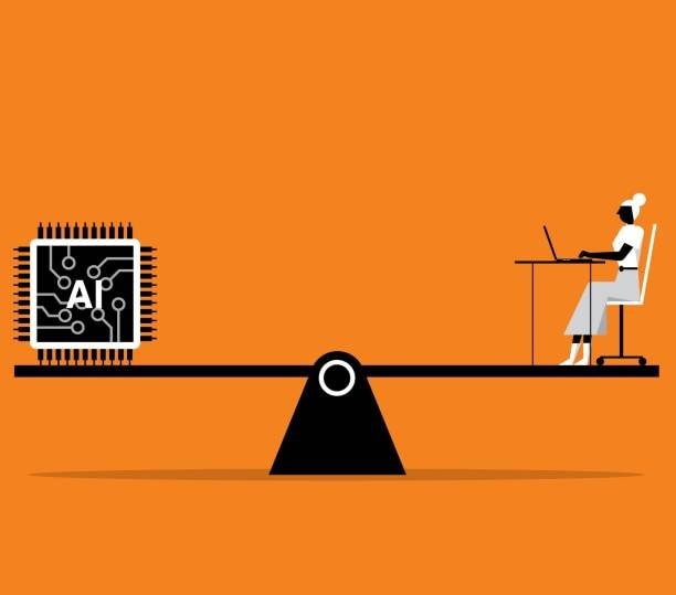 Digital illustration showing a balanced scale between a computer chip and a person