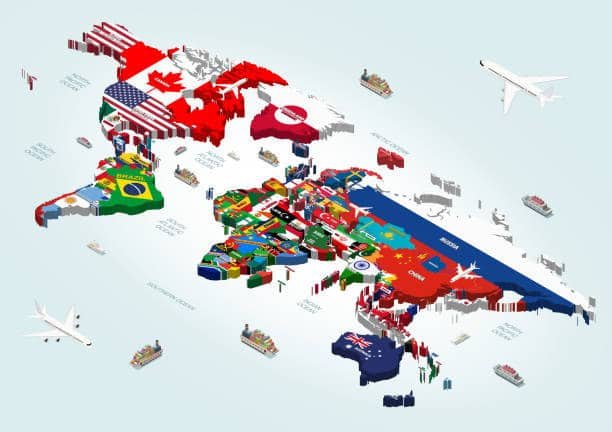 Global trade map with cargo and airline routes from USA to Australia