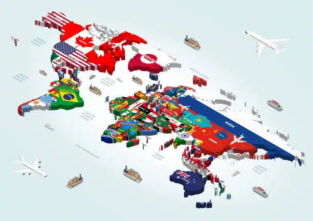Global trade map with cargo and airline routes from USA to Australia
