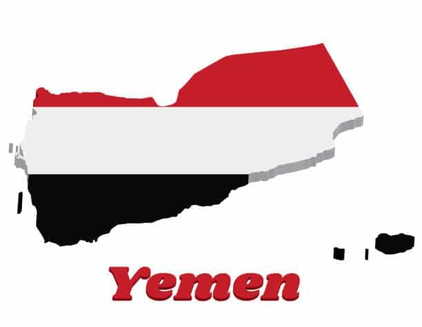 Map outline of Yemen filled with its national flag colors on white background