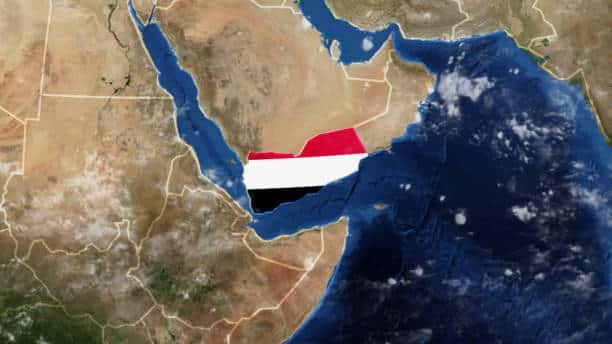 Satellite view with Yemen marked on the map showing its Red Sea and Gulf of Aden access