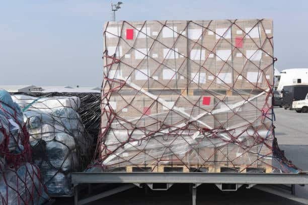 Large cargo pallet netted and ready for aircraft loading