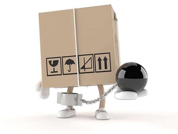 Cartoon package character chained with a ball representing shipping delays