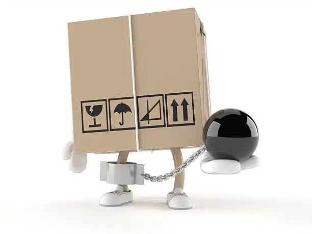 Cartoon package character chained with a ball representing shipping delays