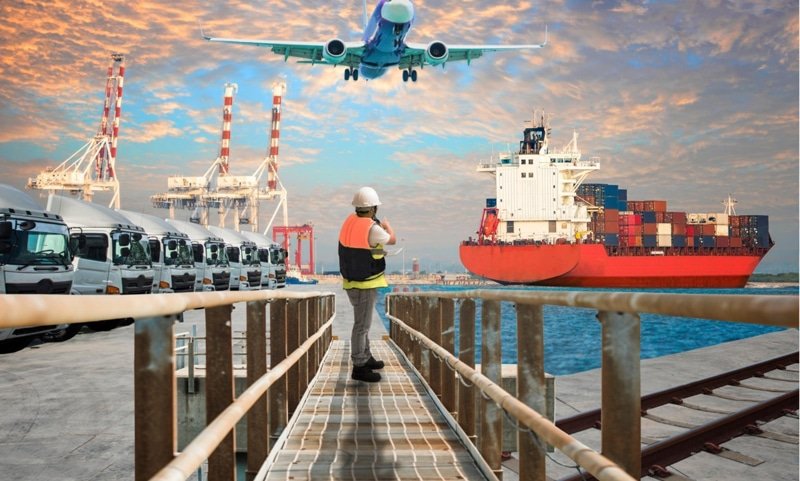 Multimodal shipping with air freight, sea freight, and land transport logistics