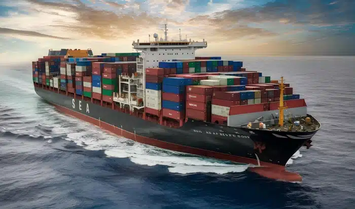 Container ship transporting sea freight from China to Malaysia across the ocean