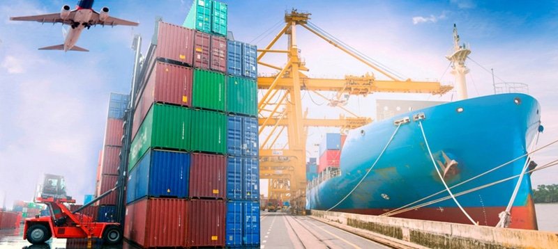 Sea and air freight logistics from China to Malaysia with cargo containers and shipping vessel