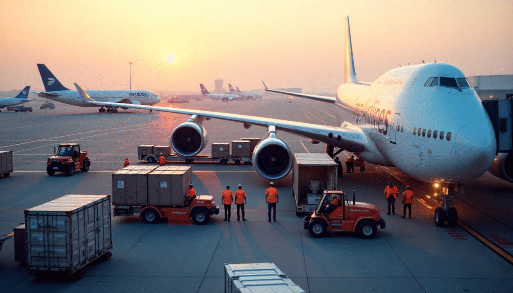 A bustling international airport cargo terminal at dawn