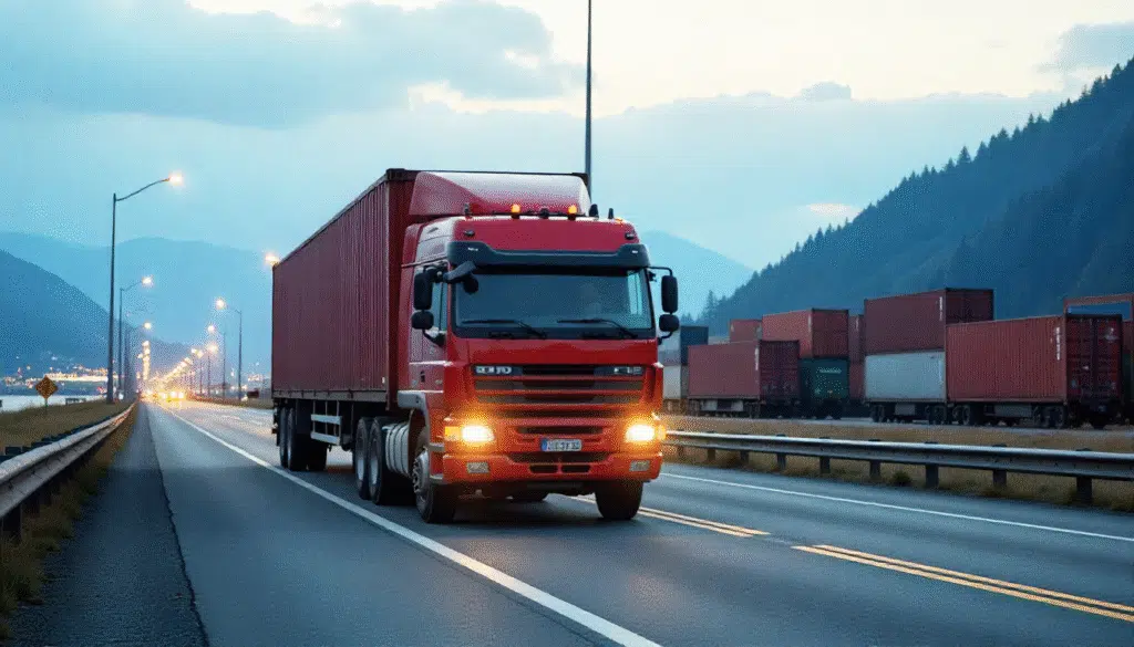 A container truck departs from the Vancouver port, with a train marshalling yard visible in the distance, symbolizing multimodal transport