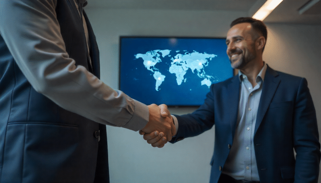 A salesperson shakes hands with a client in an office, with a global route network displayed on the background screen. This symbolizes reliable cooperation