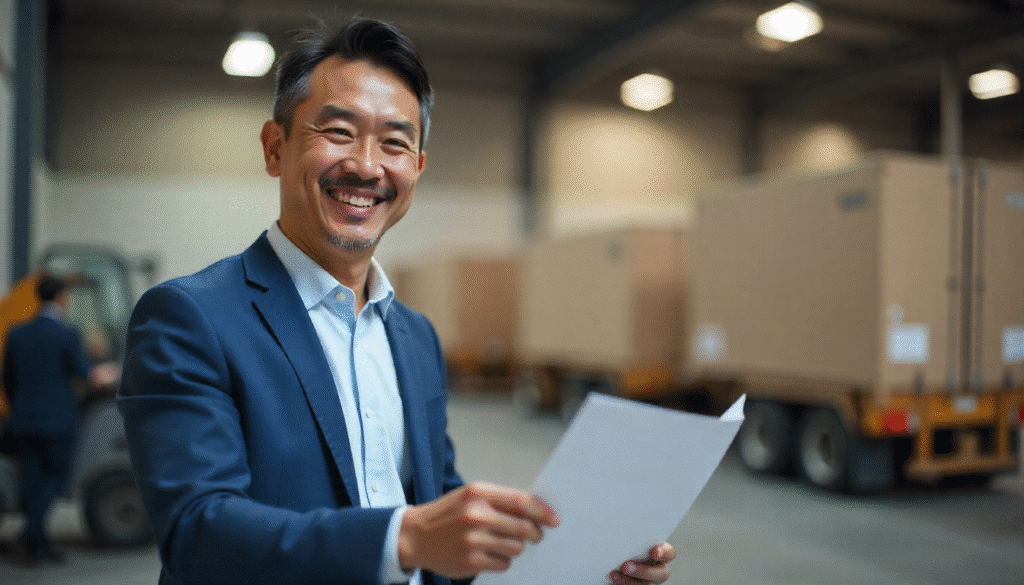 A smiling Japanese business client receiving a shipment at a warehouse, signed delivery papers, cargo in background, representing successful logistics partnership.