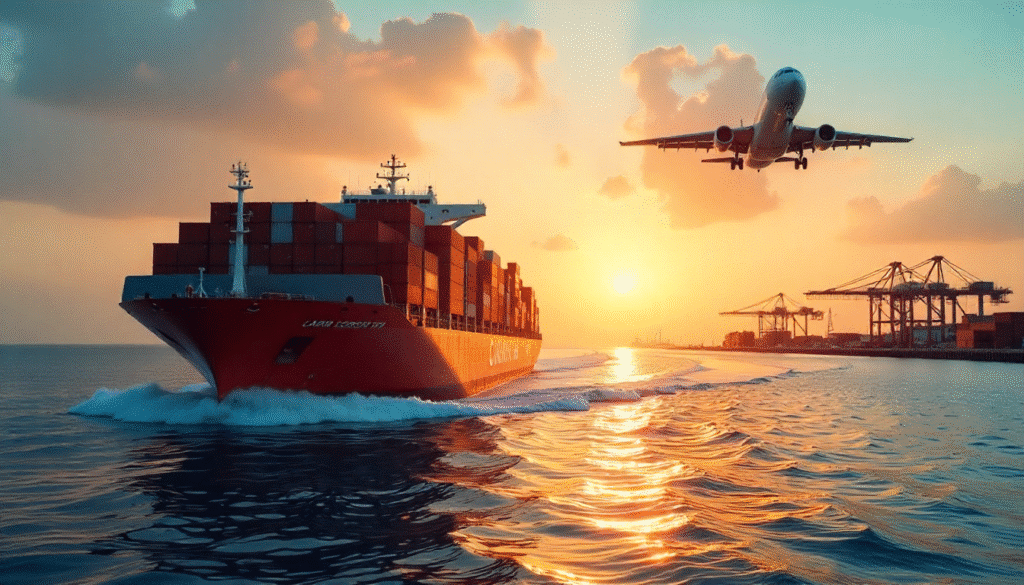 Container vessel leaves port, heading west, cargo plane flies east, sunset sky, cranes and containers, space for text.