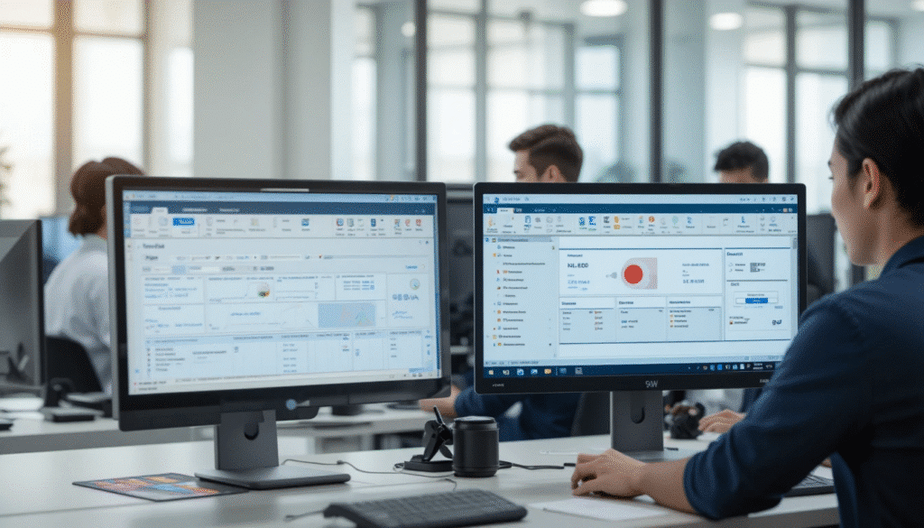 Freight forwarder team working with digital customs clearance system on screens, showing Japan NACCS system interface, modern office environment, professional logistics team.