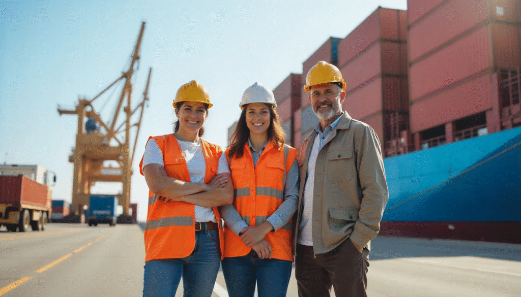 Logistics team standing confidently at port with containers and cargo ship behind, showing partnership and trust in global shipping, bright daylight, professional photography.