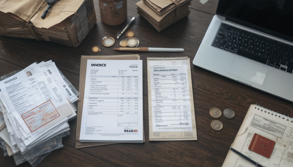The table displays a bill of lading, invoice, packing list, laptop, and seals, illustrating the customs clearance process; the layout is neat and tidy.